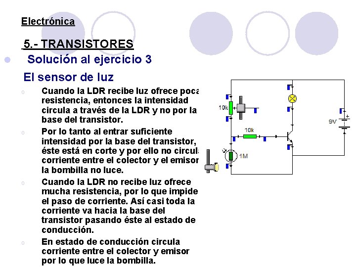 Electrónica l 5. - TRANSISTORES Solución al ejercicio 3 El sensor de luz o