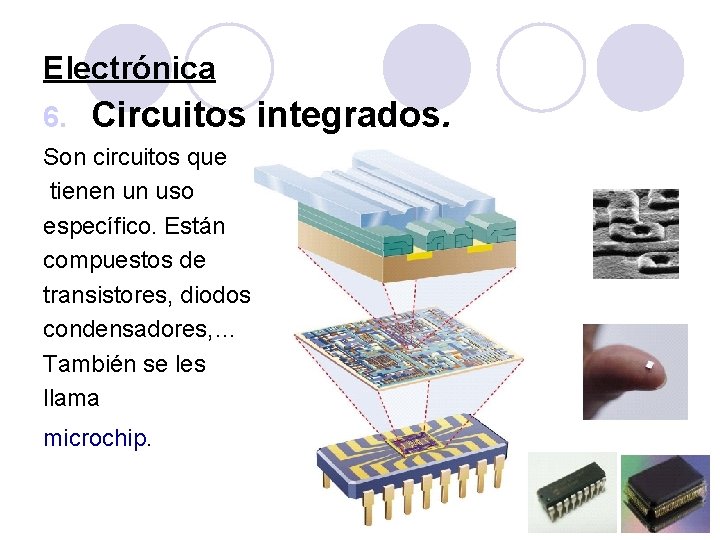 Electrónica 6. Circuitos integrados. Son circuitos que tienen un uso específico. Están compuestos de