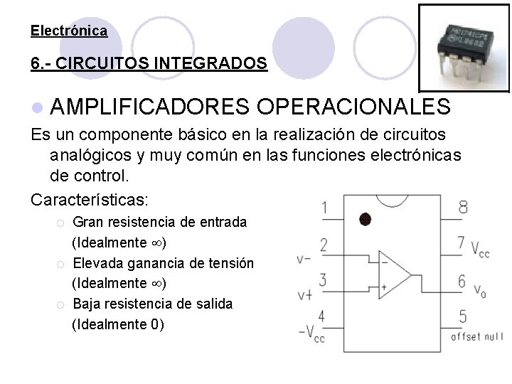 Electrónica 6. - CIRCUITOS INTEGRADOS l AMPLIFICADORES OPERACIONALES Es un componente básico en la