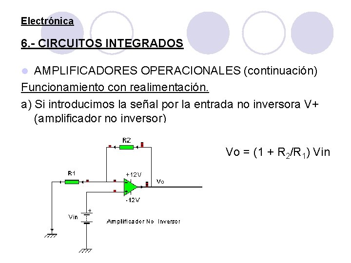 Electrónica 6. - CIRCUITOS INTEGRADOS AMPLIFICADORES OPERACIONALES (continuación) Funcionamiento con realimentación. a) Si introducimos