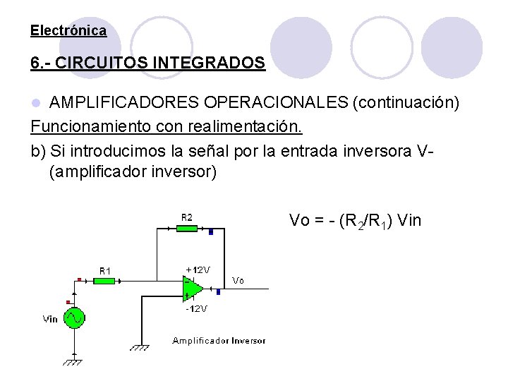 Electrónica 6. - CIRCUITOS INTEGRADOS AMPLIFICADORES OPERACIONALES (continuación) Funcionamiento con realimentación. b) Si introducimos