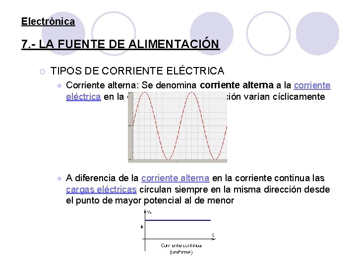 Electrónica 7. - LA FUENTE DE ALIMENTACIÓN ¡ TIPOS DE CORRIENTE ELÉCTRICA l Corriente