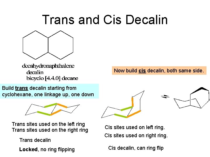 Trans and Cis Decalin Now build cis decalin, both same side. Build trans decalin Trans and Cis Decalin Now build cis decalin, both same side. Build trans decalin
