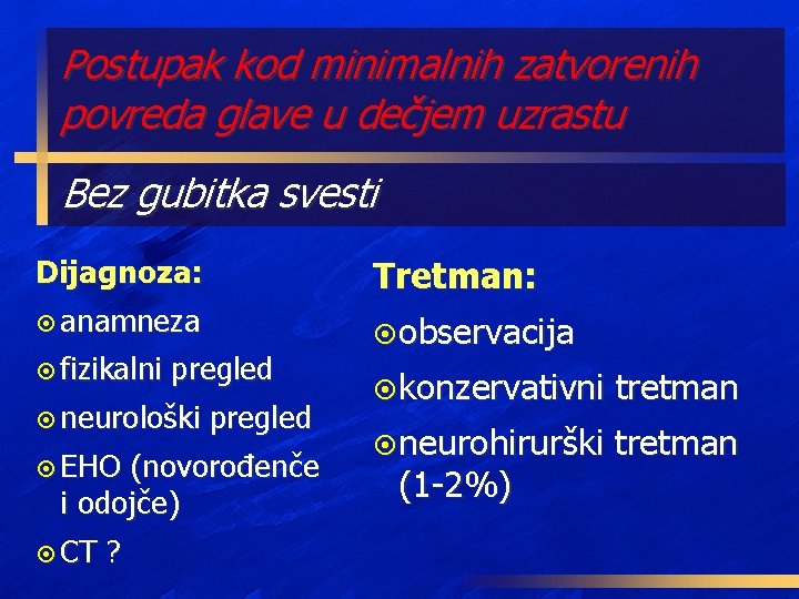 Postupak kod minimalnih zatvorenih povreda glave u dečjem uzrastu Bez gubitka svesti Dijagnoza: Tretman: