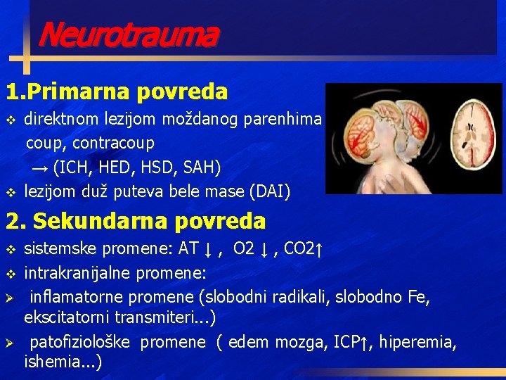 Neurotrauma 1. Primarna povreda v v direktnom lezijom moždanog parenhima coup, contracoup → (ICH,