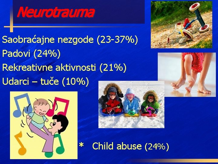 Neurotrauma Saobraćajne nezgode (23 -37%) Padovi (24%) Rekreativne aktivnosti (21%) Udarci – tuče (10%)