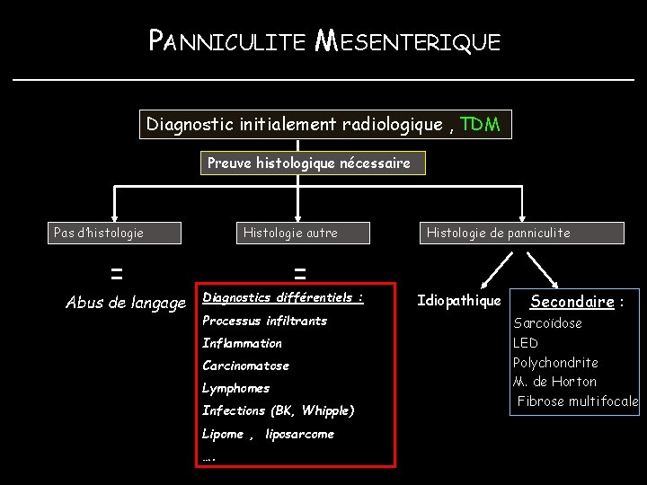 PANNICULITE MESENTERIQUE Diagnostic initialement radiologique , TDM Preuve histologique nécessaire Pas d’histologie = Abus