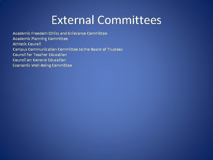 External Committees Academic Freedom Ethics and Grievance Committee Academic Planning Committee Athletic Council Campus