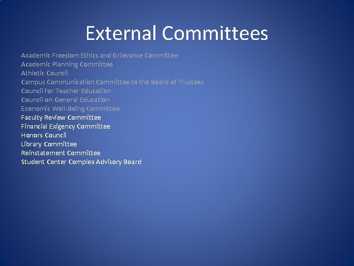 External Committees Academic Freedom Ethics and Grievance Committee Academic Planning Committee Athletic Council Campus