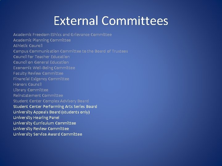 External Committees Academic Freedom Ethics and Grievance Committee Academic Planning Committee Athletic Council Campus