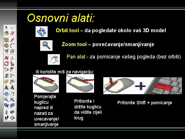 Osnovni alati: Orbit tool – da pogledate okolo vaš 3 D model Zoom tool