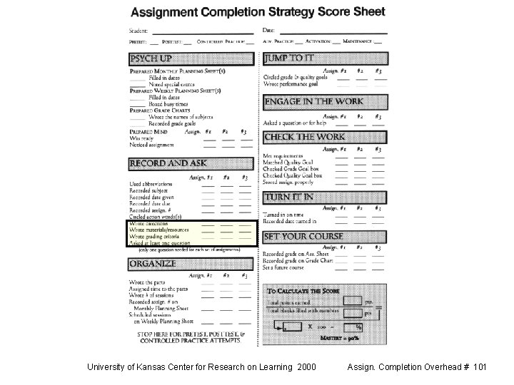 University of Kansas Center for Research on Learning 2000 Assign. Completion Overhead # 101