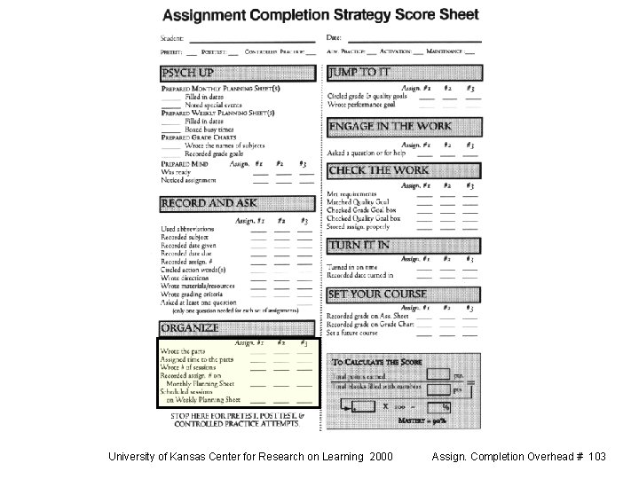 University of Kansas Center for Research on Learning 2000 Assign. Completion Overhead # 103