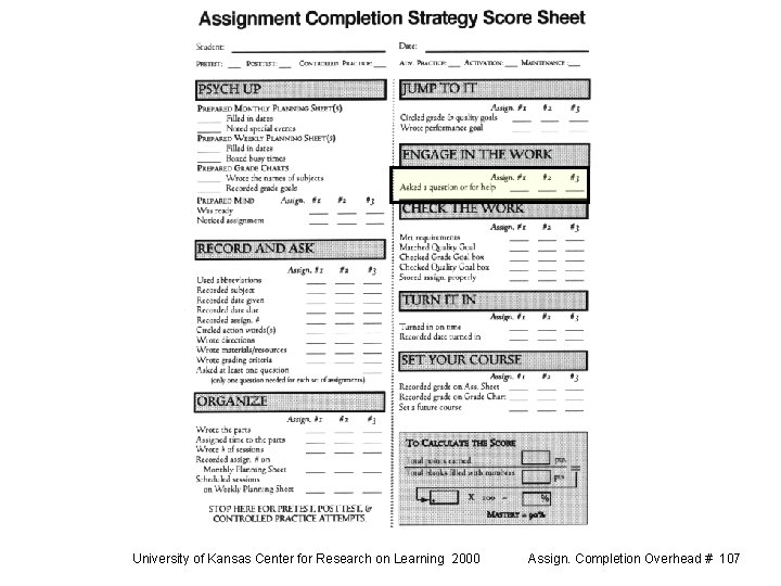 University of Kansas Center for Research on Learning 2000 Assign. Completion Overhead # 107