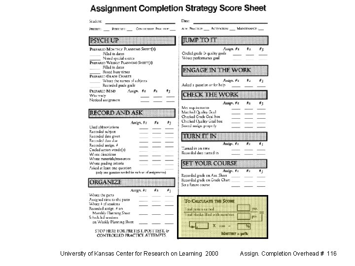 University of Kansas Center for Research on Learning 2000 Assign. Completion Overhead # 116