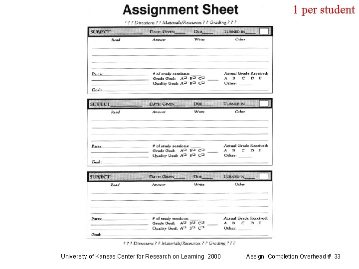 1 per student University of Kansas Center for Research on Learning 2000 Assign. Completion