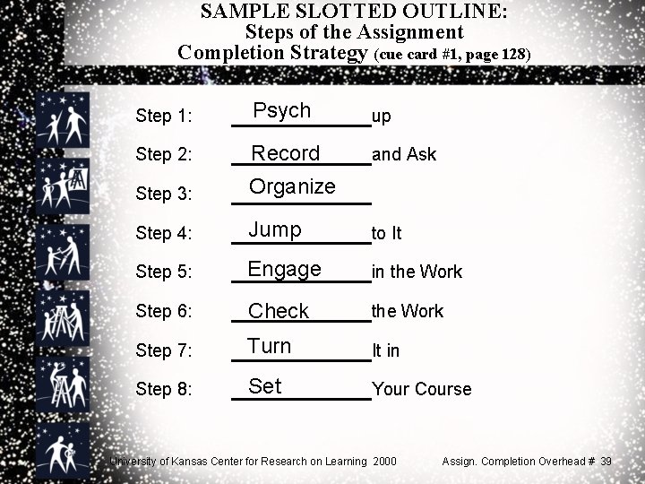 SAMPLE SLOTTED OUTLINE: Steps of the Assignment Completion Strategy (cue card #1, page 128)