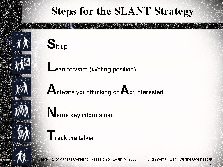 Steps for the SLANT Strategy Sit up Lean forward (Writing position) Activate your thinking