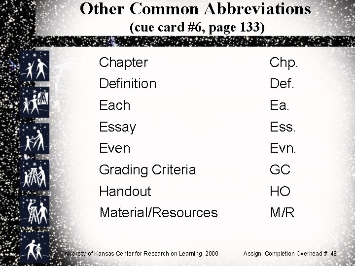 Other Common Abbreviations (cue card #6, page 133) Chapter Chp. Definition Def. Each Ea.