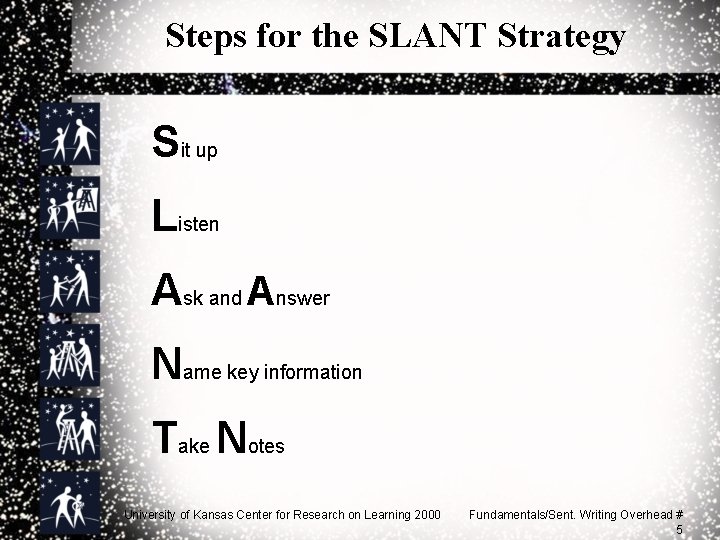 Steps for the SLANT Strategy Sit up Listen Ask and Answer Name key information
