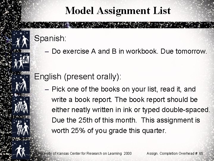 Model Assignment List Spanish: – Do exercise A and B in workbook. Due tomorrow.