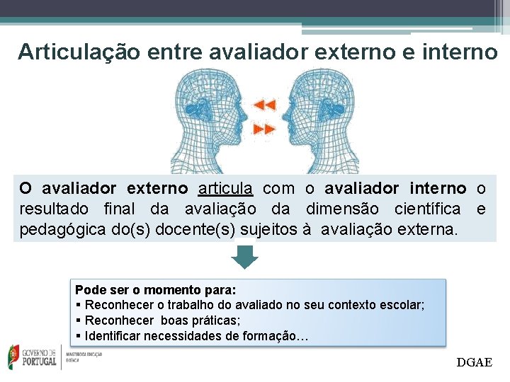 Articulação entre avaliador externo e interno O avaliador externo articula com o avaliador interno