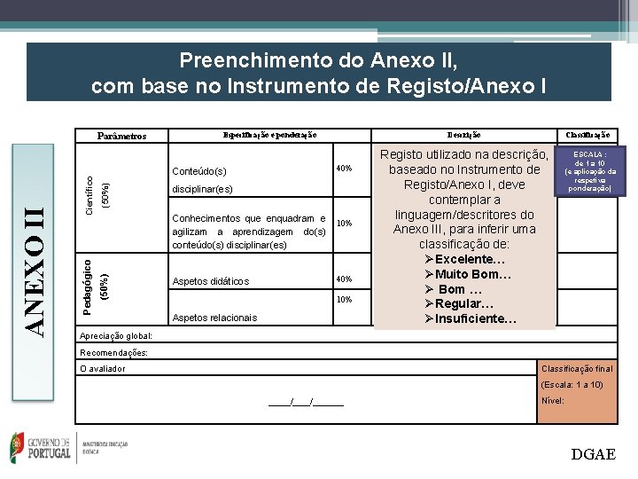 Preenchimento do Anexo II, com base no Instrumento de Registo/Anexo I Especificação e ponderação