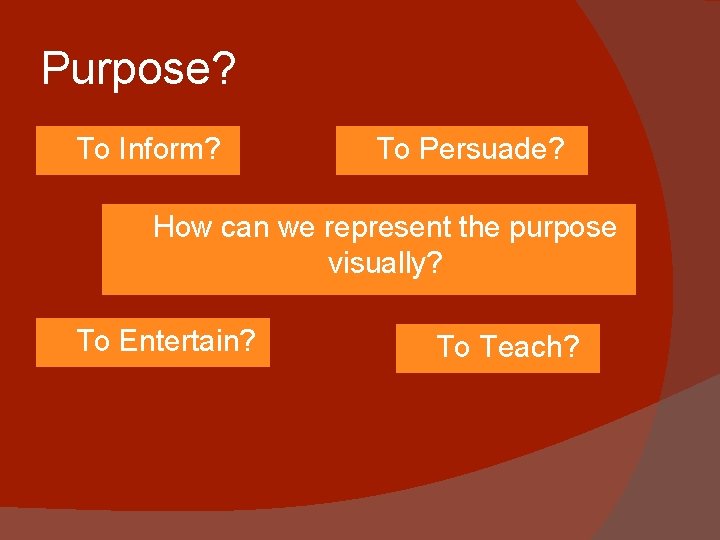 Purpose? To Inform? To Persuade? How can we represent the purpose visually? To Entertain?