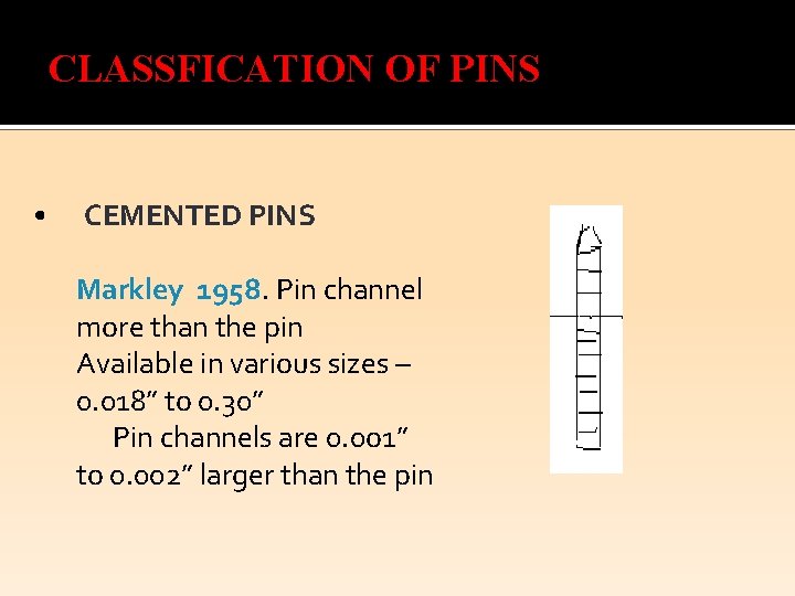 CLASSFICATION OF PINS • CEMENTED PINS Markley 1958. Pin channel more than the pin