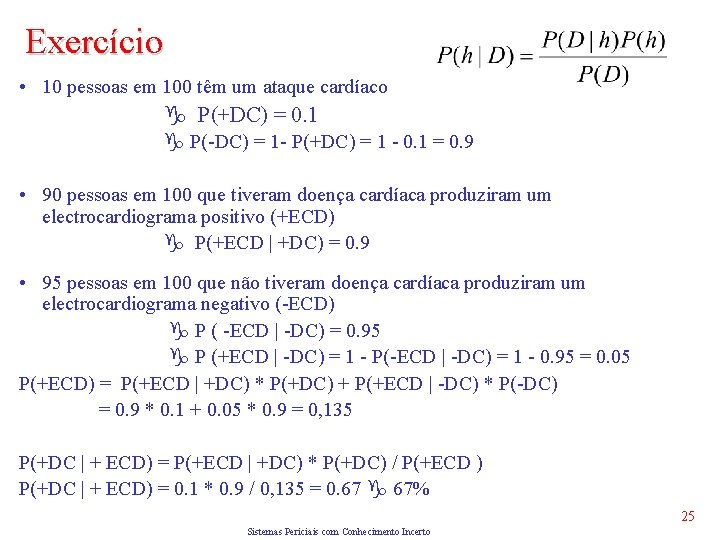 Exercício • 10 pessoas em 100 têm um ataque cardíaco P(+DC) = 0. 1