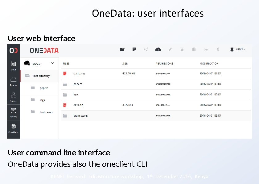 One. Data: user interfaces User web interface User command line interface One. Data provides