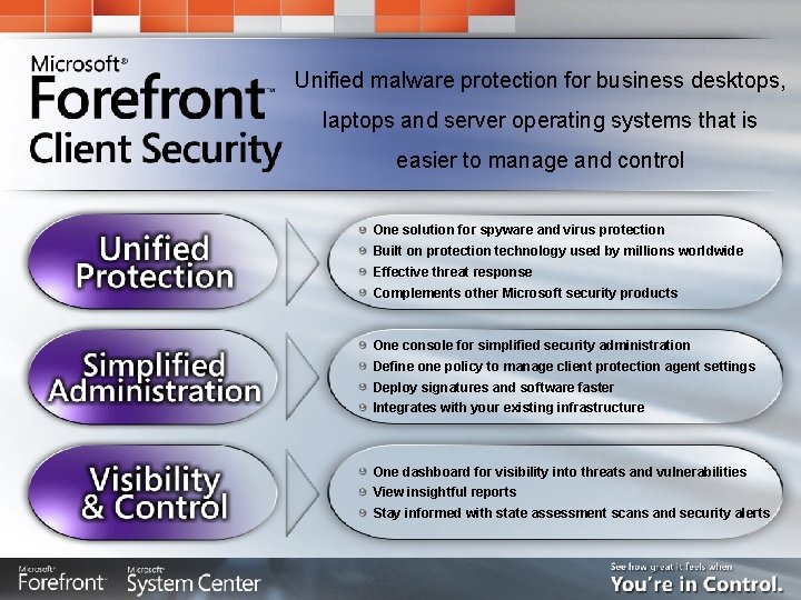 Unified malware protection for business desktops, laptops and server operating systems that is easier Unified malware protection for business desktops, laptops and server operating systems that is easier