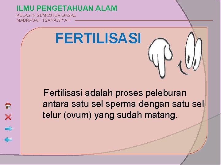 ILMU PENGETAHUAN ALAM KELAS IX SEMESTER GASAL MADRASAH TSANAWIYAH FERTILISASI Fertilisasi adalah proses peleburan