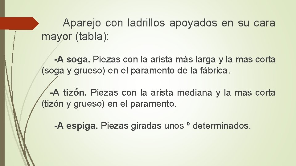  Aparejo con ladrillos apoyados en su cara mayor (tabla): -A soga. Piezas con