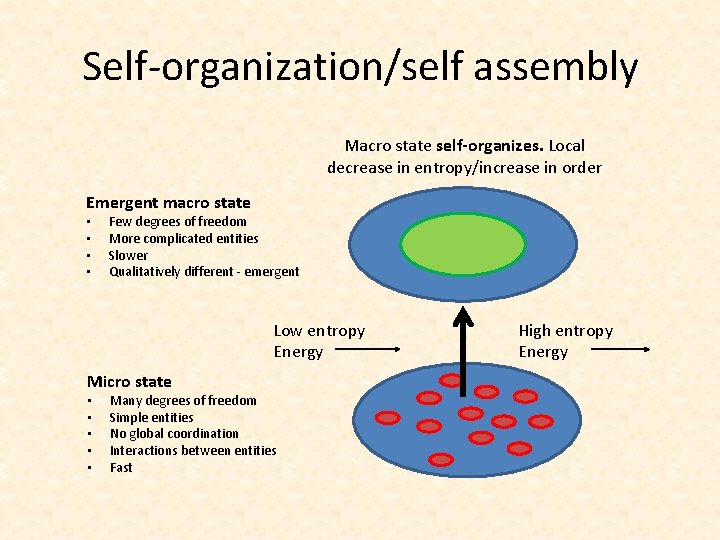 Self-organization/self assembly Macro state self-organizes. Local decrease in entropy/increase in order Emergent macro state