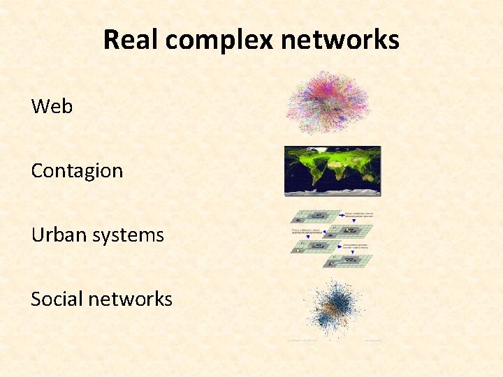 Real complex networks Web Contagion Urban systems Social networks 