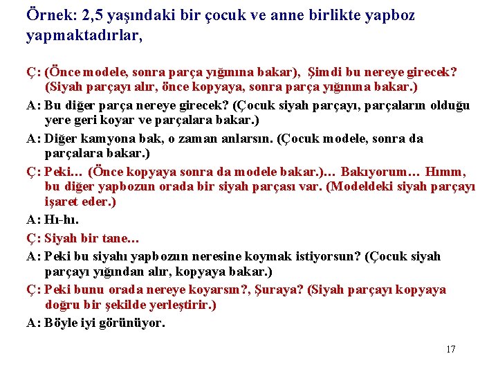 Örnek: 2, 5 yaşındaki bir çocuk ve anne birlikte yapboz yapmaktadırlar, Ç: (Önce modele,