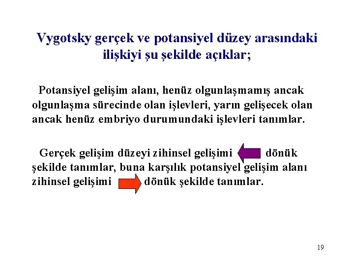 Vygotsky gerçek ve potansiyel düzey arasındaki ilişkiyi şu şekilde açıklar; Potansiyel gelişim alanı, henüz Vygotsky gerçek ve potansiyel düzey arasındaki ilişkiyi şu şekilde açıklar; Potansiyel gelişim alanı, henüz
