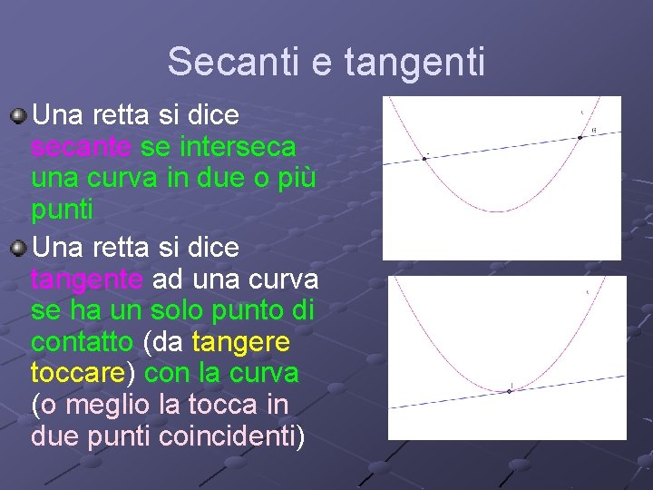 Secanti e tangenti Una retta si dice secante se interseca una curva in due