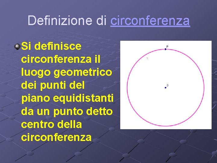 Definizione di circonferenza Si definisce circonferenza il luogo geometrico dei punti del piano equidistanti