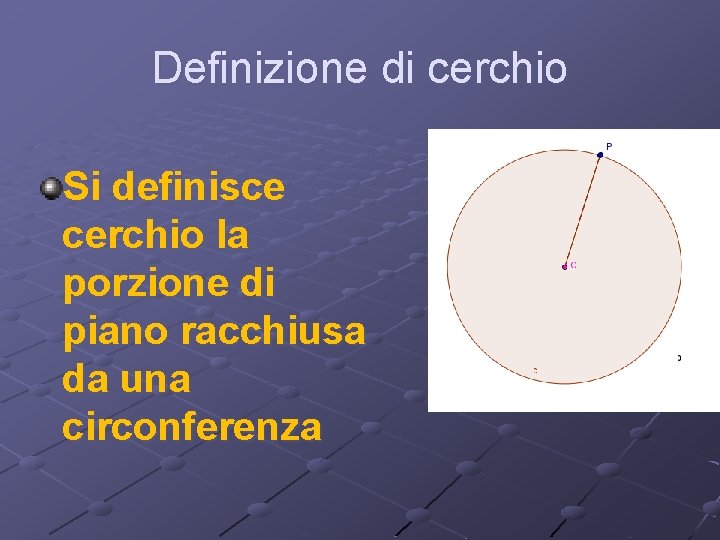 Definizione di cerchio Si definisce cerchio la porzione di piano racchiusa da una circonferenza