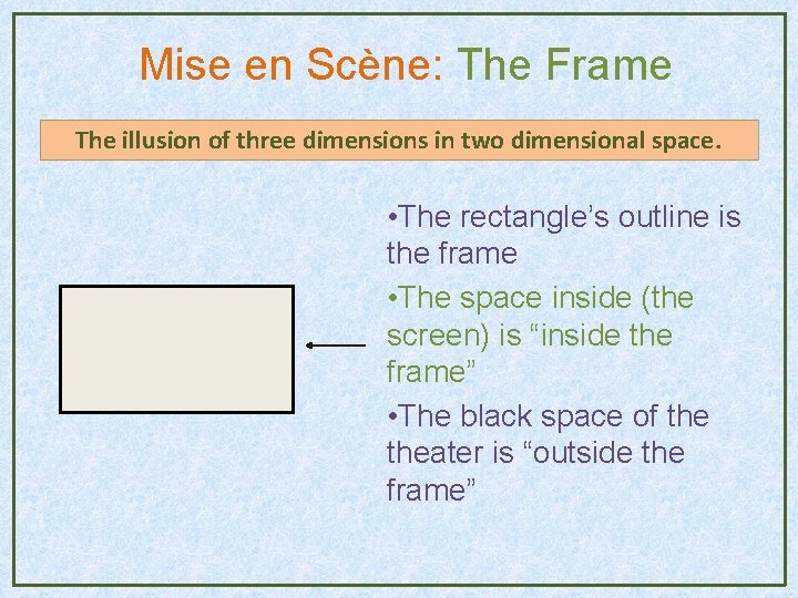 Mise en Scène: The Frame The illusion of three dimensions in two dimensional space. Mise en Scène: The Frame The illusion of three dimensions in two dimensional space.