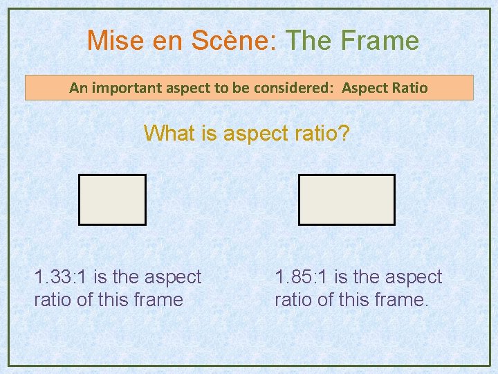 Mise en Scène: The Frame An important aspect to be considered: Aspect Ratio What Mise en Scène: The Frame An important aspect to be considered: Aspect Ratio What