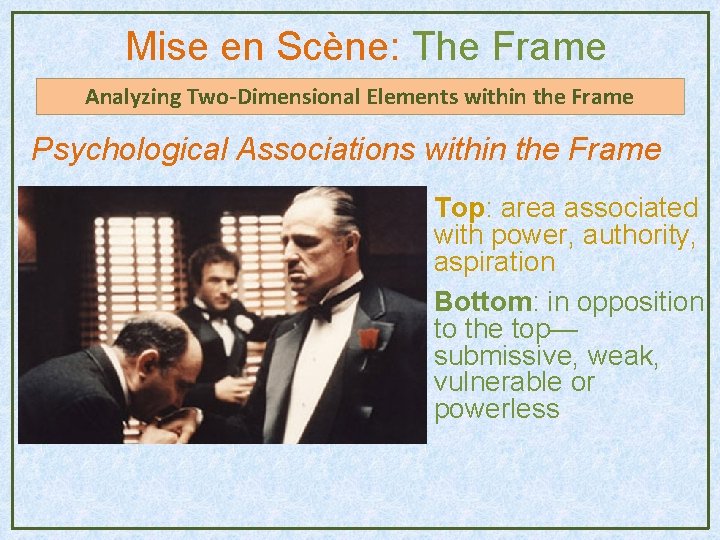 Mise en Scène: The Frame Analyzing Two-Dimensional Elements within the Frame Psychological Associations within Mise en Scène: The Frame Analyzing Two-Dimensional Elements within the Frame Psychological Associations within
