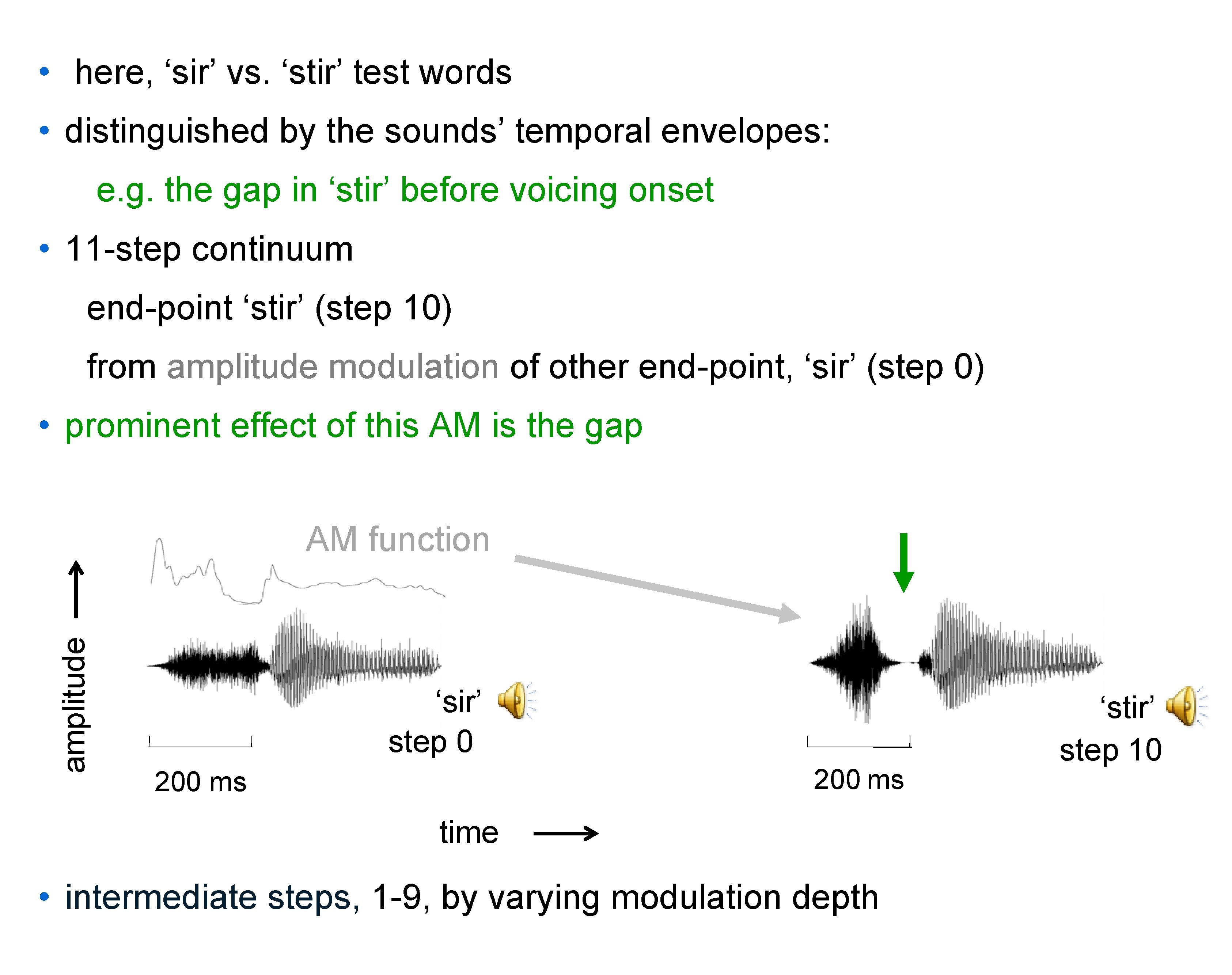  • here, ‘sir’ vs. ‘stir’ test words • distinguished by the sounds’ temporal