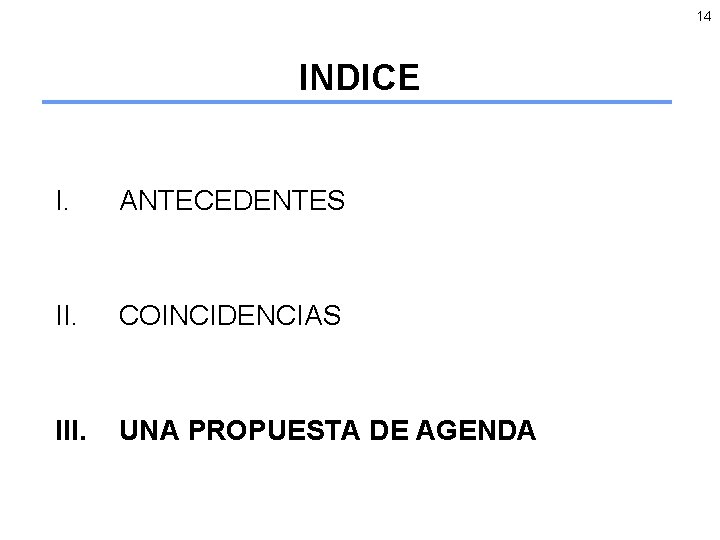 14 INDICE I. ANTECEDENTES II. COINCIDENCIAS III. UNA PROPUESTA DE AGENDA 