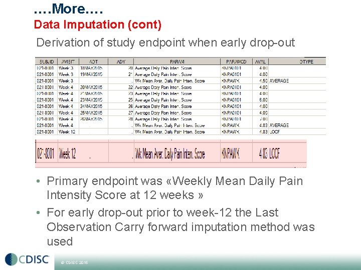…. More…. Data Imputation (cont) Derivation of study endpoint when early drop-out • Primary
