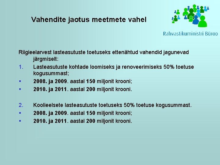 Vahendite jaotus meetmete vahel Riigieelarvest lasteasutuste toetuseks ettenähtud vahendid jagunevad järgmiselt: 1. Lasteasutuste kohtade