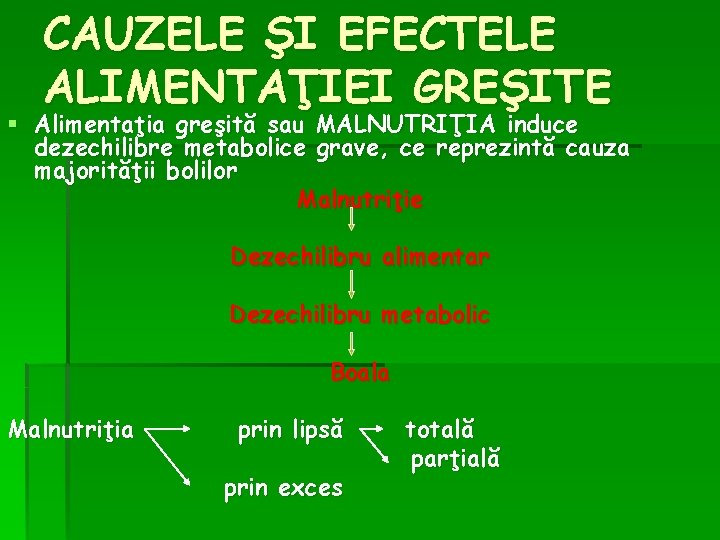 CAUZELE ŞI EFECTELE ALIMENTAŢIEI GREŞITE § Alimentaţia greşită sau MALNUTRIŢIA induce dezechilibre metabolice grave, CAUZELE ŞI EFECTELE ALIMENTAŢIEI GREŞITE § Alimentaţia greşită sau MALNUTRIŢIA induce dezechilibre metabolice grave,