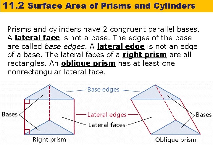 11. 2 Surface Area of Prisms and Cylinders Prisms and cylinders have 2 congruent